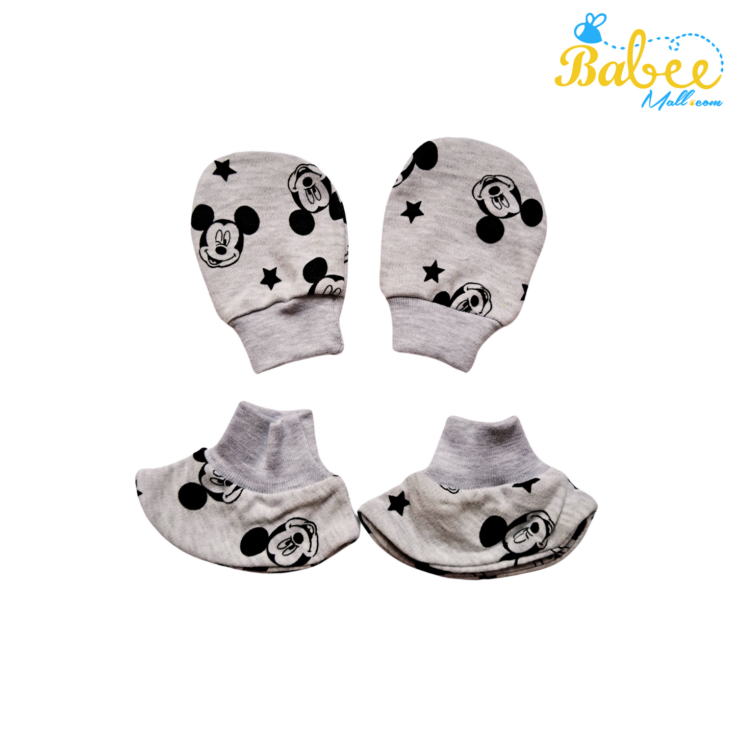 Baby Mitten, Booties, and Cap Set (Micky Gray)