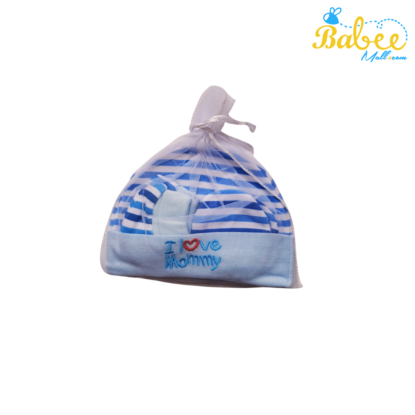 Baby Mitten, Booties, and Cap Set (Blue Strip)