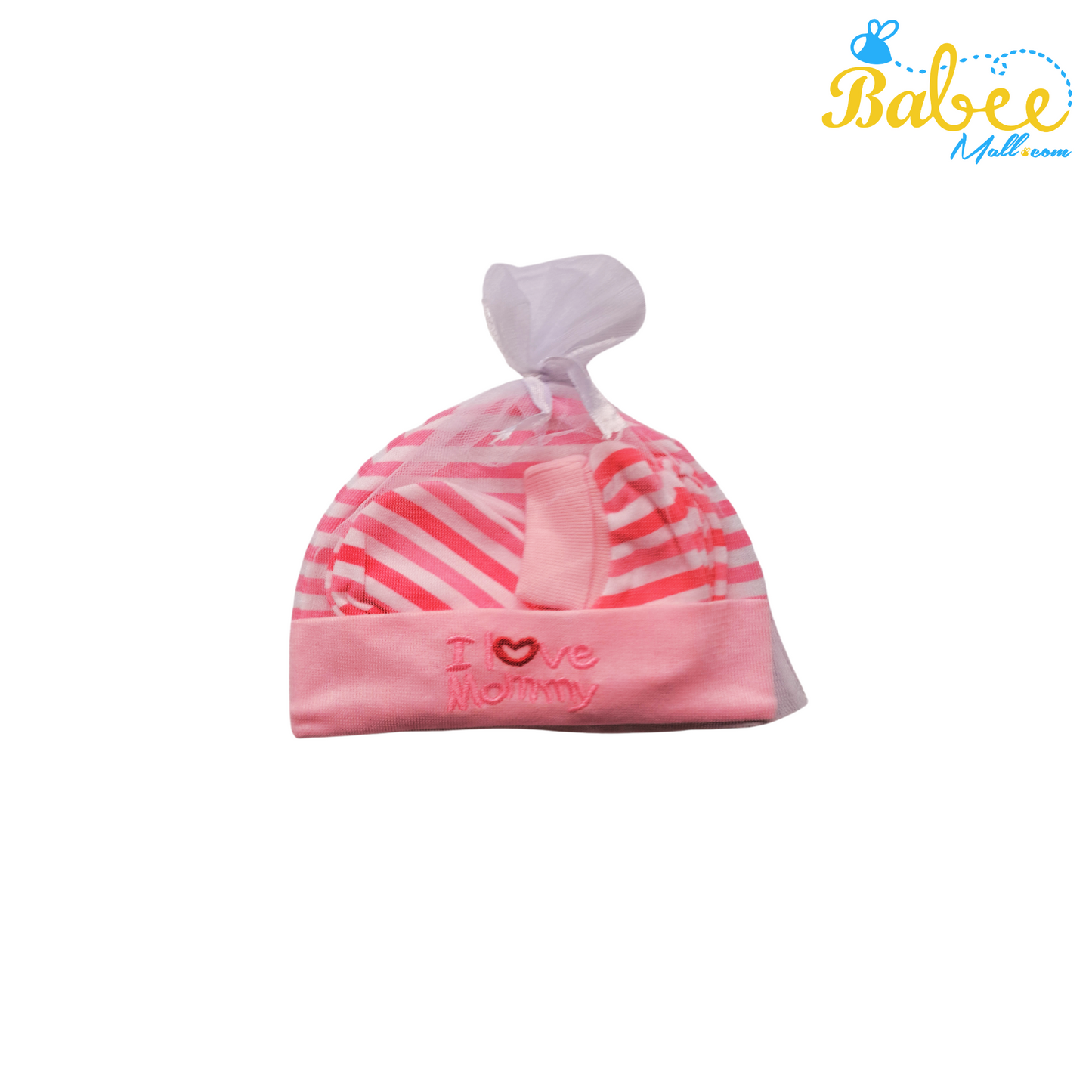 Baby Mitten, Booties, and Cap Set (Baby Pink Strip)