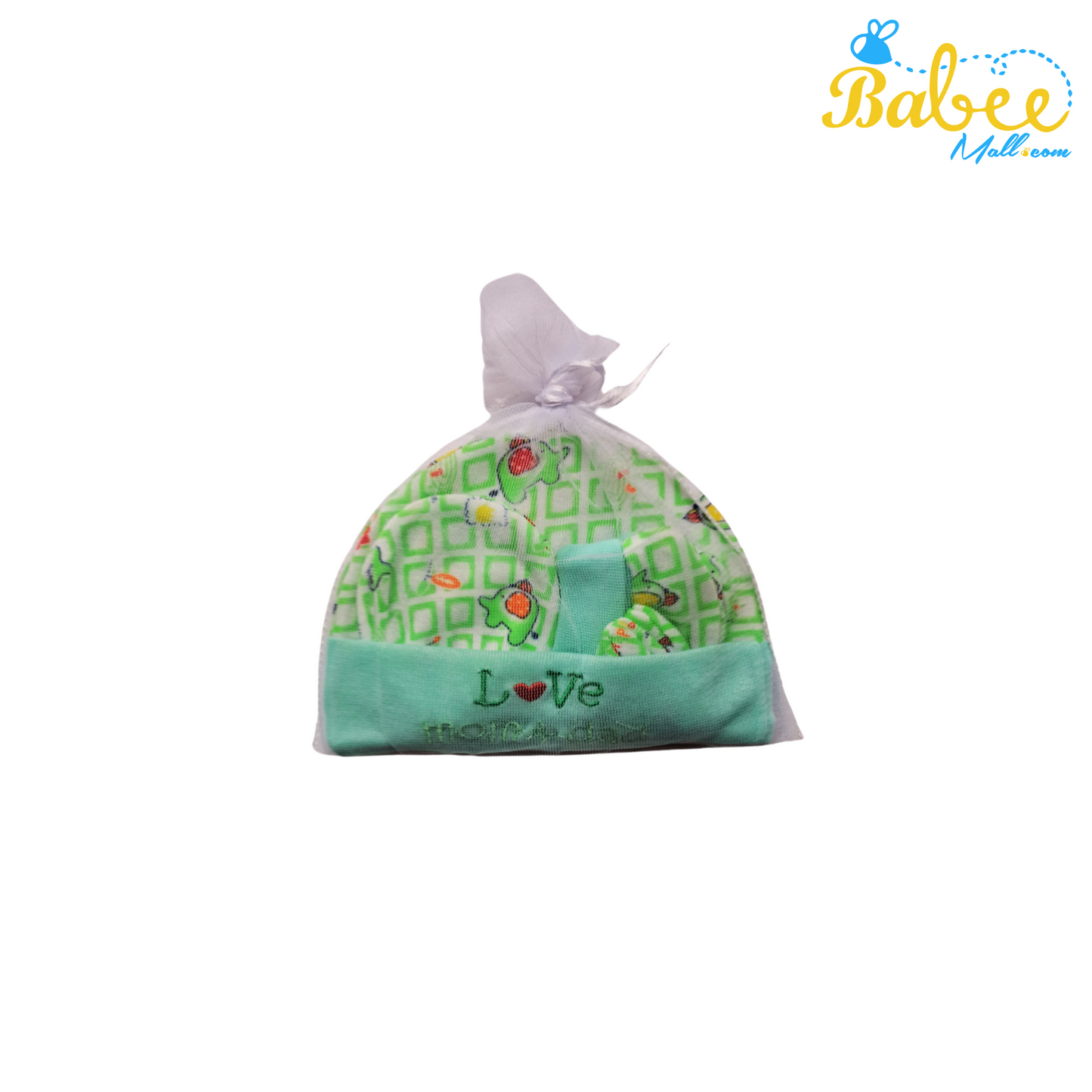 Baby Mitten, Booties, and Cap Set (Green Strip)