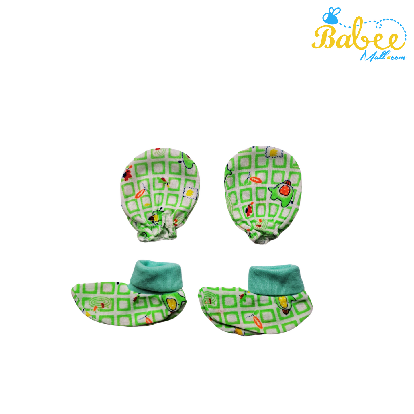 Baby Mitten, Booties, and Cap Set  (Green Cube)