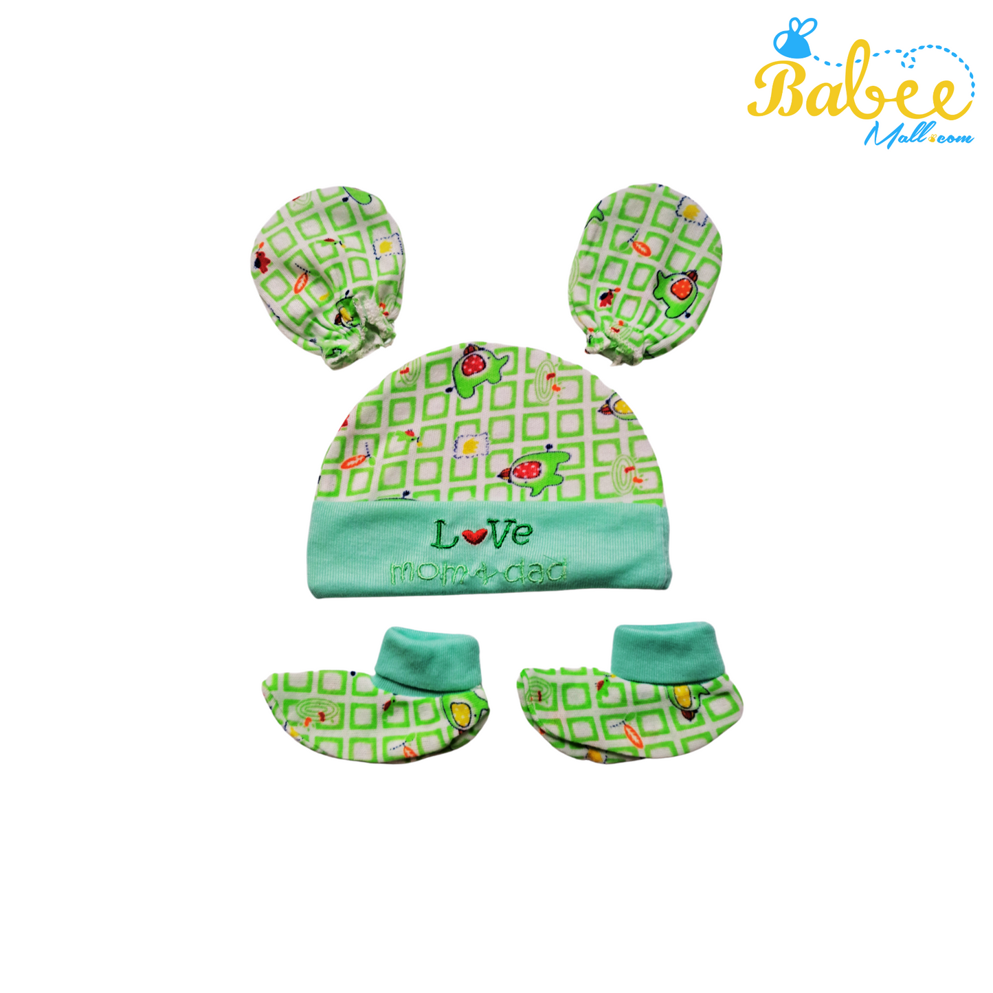 Baby Mitten, Booties, and Cap Set  (Green Cube)