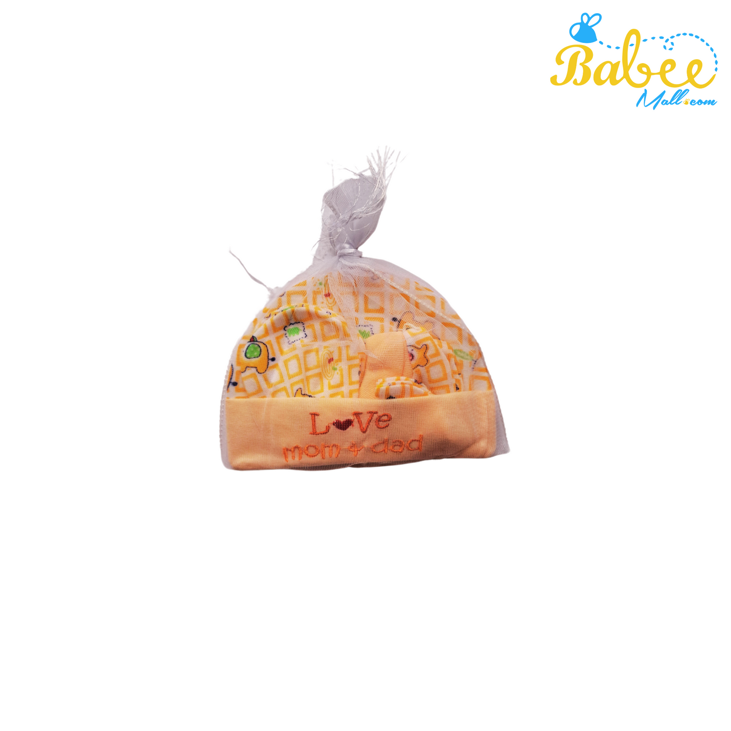 Baby Mitten, Booties, and Cap Set  (Orange Cube)