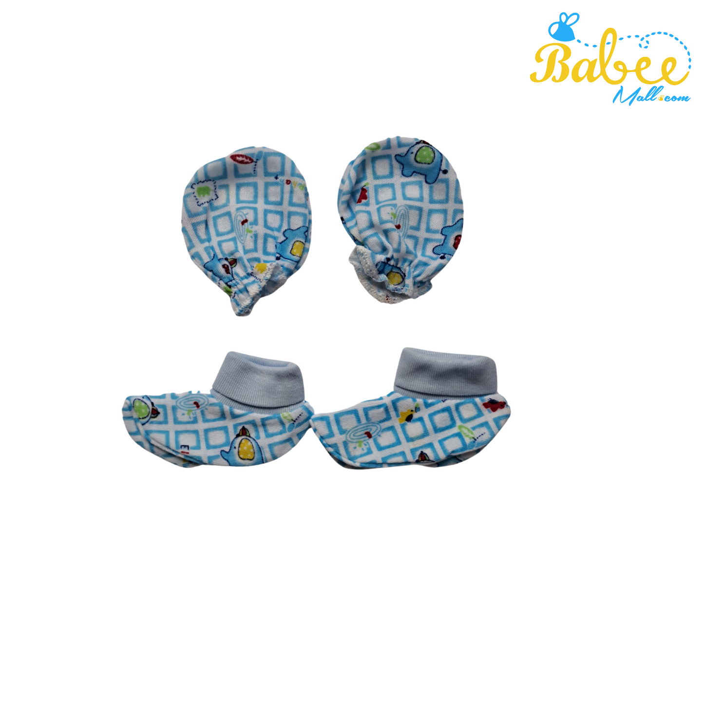 Baby Mitten, Booties, and Cap Set  (Blue Cube)