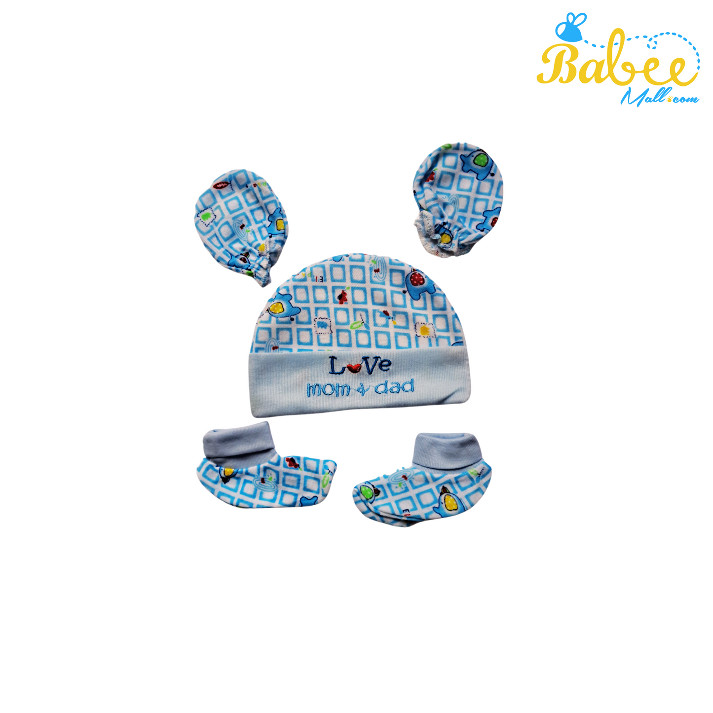 Baby Mitten, Booties, and Cap Set  (Blue Cube)