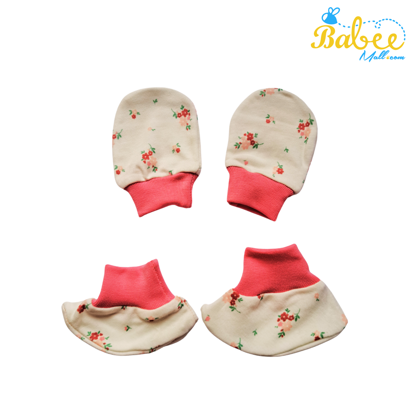 Baby Mitten, Booties, and Cap Set (Flower Pink)