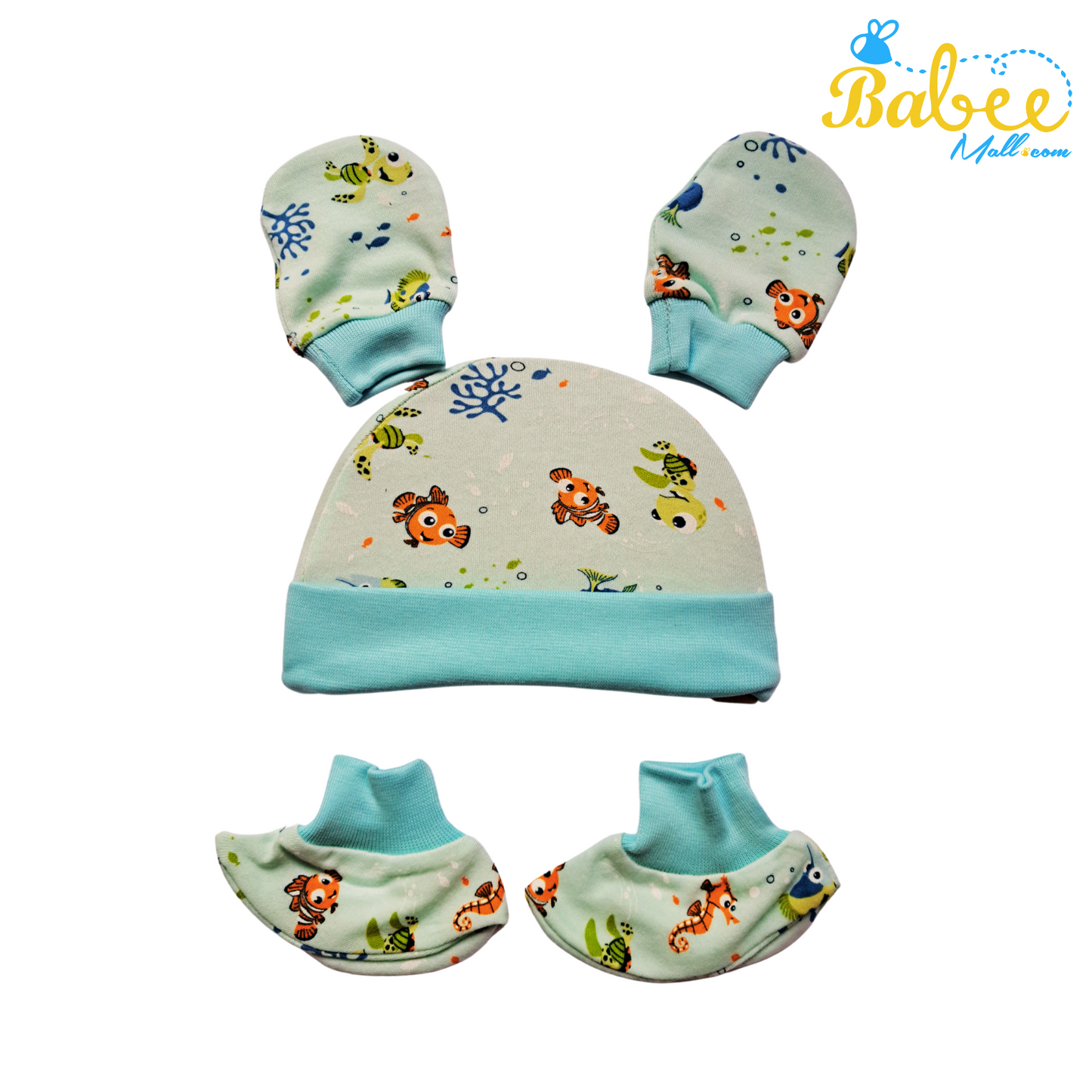 Baby Mitten, Booties, and Cap Set (Ocean Blue)