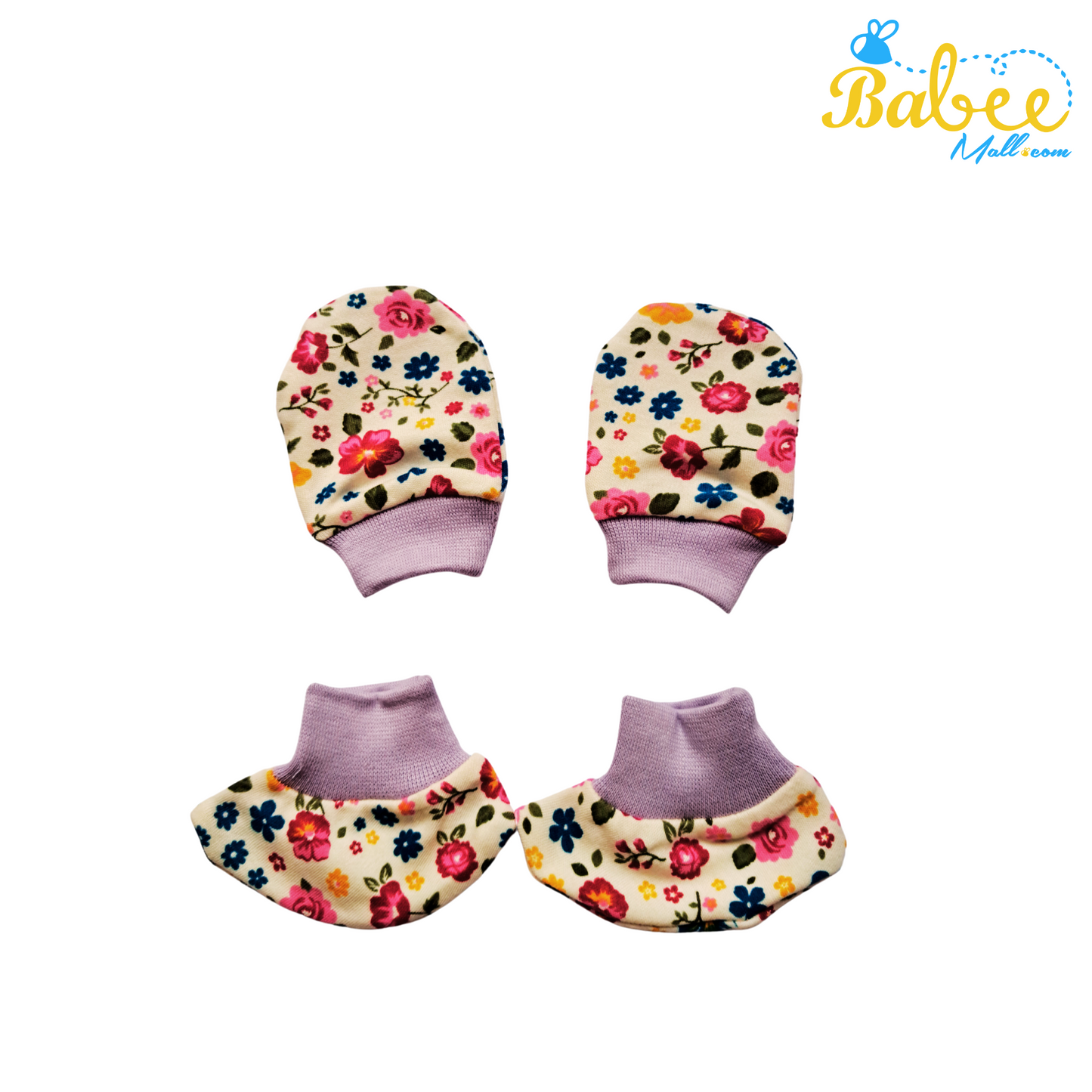 Baby Mitten, Booties, and Cap Set (Flower Lavender)