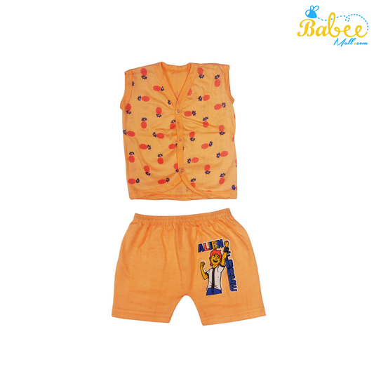 Organic Cotton Newborn Button Jhablas Top and Shorts Set (0-9 Months) (Unisex) Orange Pine (Sleeveless)