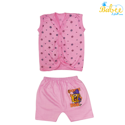 Organic Cotton Newborn Button Jhablas Top and Shorts Set (0-9 Months) (Unisex) Pink (Sleeveless)