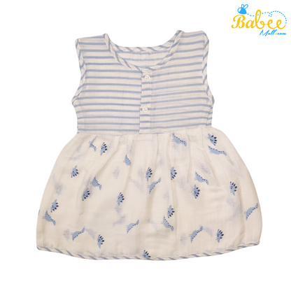 Baby Muslin Frock with Printed Delight 0-12 Months (Blue Strip)