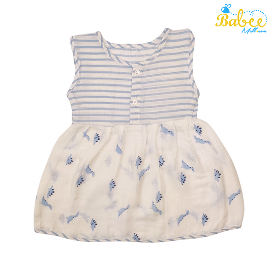 Baby Muslin Frock with Printed Delight - Soft and Stylish Dress for 0-12 Months (Blue Strip)