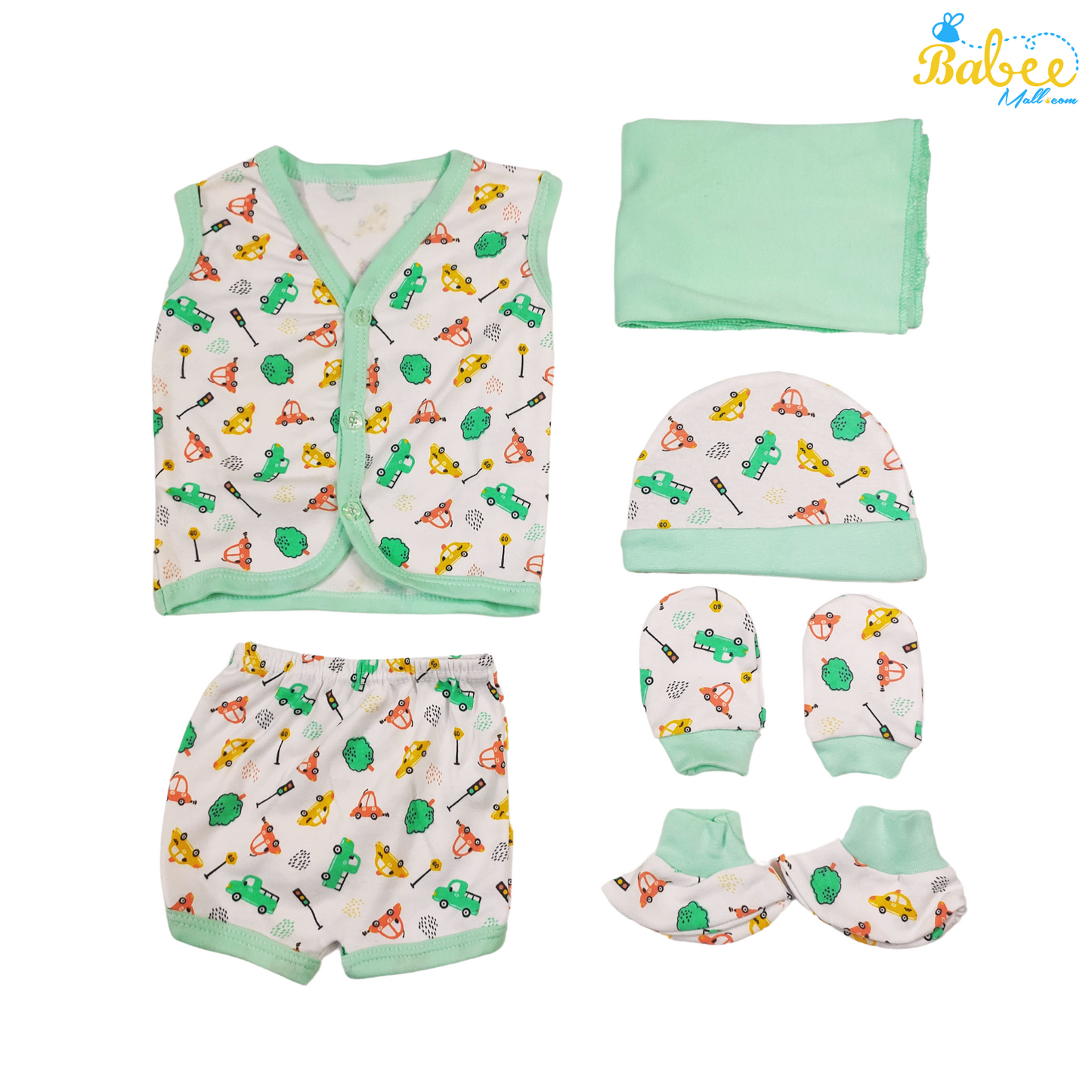 HeavenlyBundle Newborn Clothing Kit - Button Jhabla, Shorts, Cap, Mittens, Booties, and Blanket Set (Baby Green)