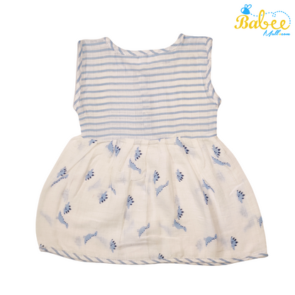 Baby Muslin Frock with Printed Delight 0-12 Months (Blue Strip)