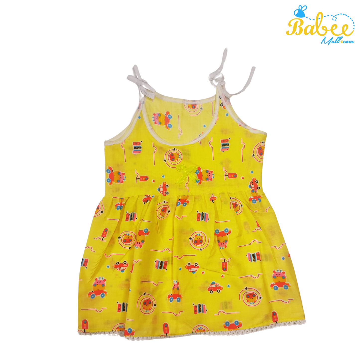 Baby Cotton Frock with Amazing Prints - Adorable Fashion for 0-6 Months Knot Type (Yellow Cars)