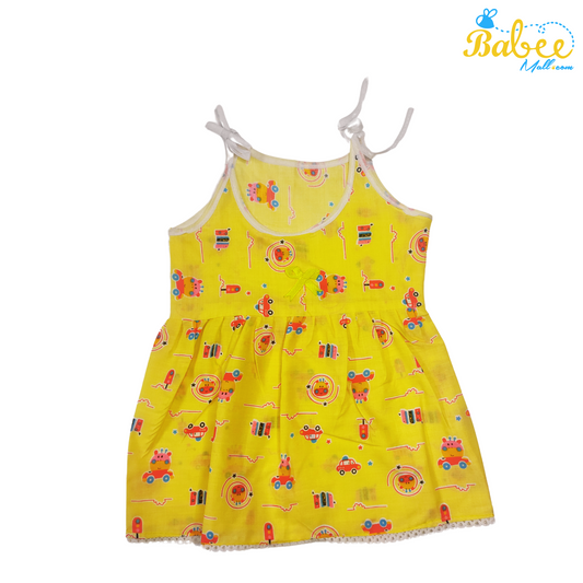 Newborn Cotton Knotted Frock (0-6 months) Yellow Cars