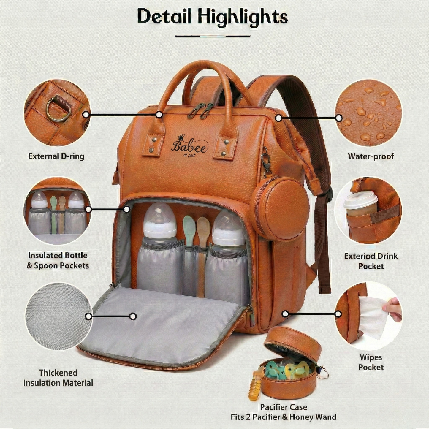 Diaper Bag Vegan Leather (Tan Brown)