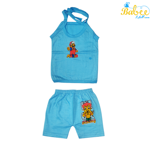 Organic Cotton Newborn KnotJhablas Top and Shorts Set (0-9 Months) (Unisex) Baby Blue Mario