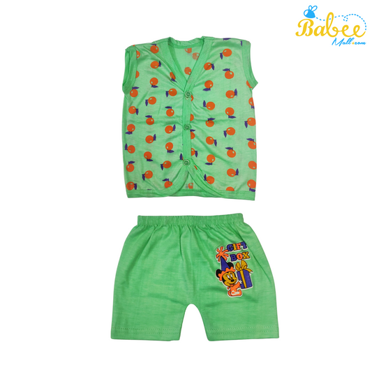 Organic Cotton Newborn Button Jhablas Top and Shorts Set (0-9 Months) (Unisex) Green Fruits (Sleeveless)