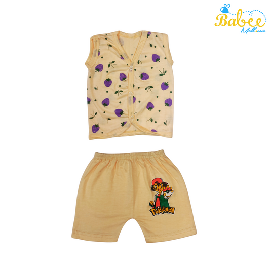 Organic Cotton Newborn Button Jhablas Top and Shorts Set (0-9 Months) (Unisex) Brown Strawberry (Sleeveless)